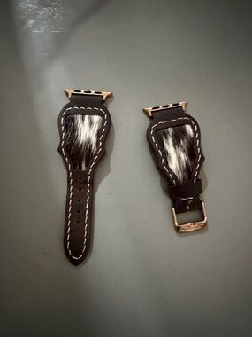 Handmade Leather Apple Watch Band with Cowhide Accent - Dark Brown & White